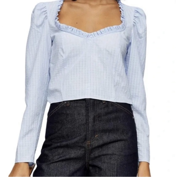 025 - TOPSHOP Light Blue Gingham
Sweetheart Neck Ruffle Puff Sleeve Crop Top 2 - Picture 12 of 12